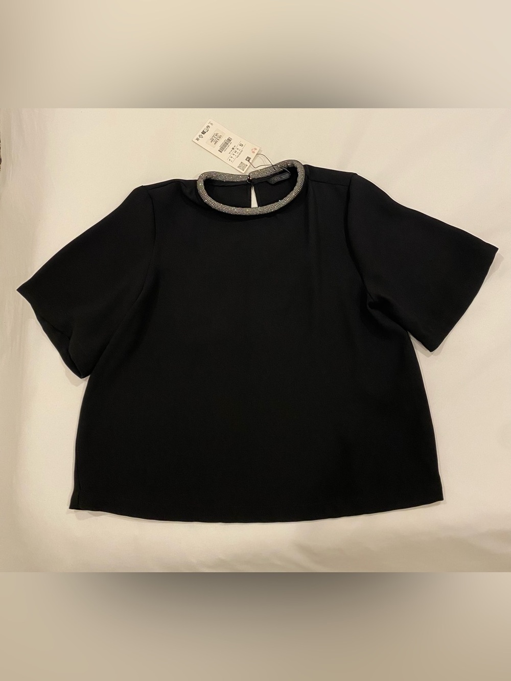 Black Short-Sleeve Top with Rhinestone Collar